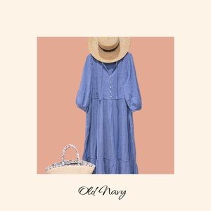 Old Navy Maxi Swing Dress Womens XXL Blue Chambray Embroidered All Day